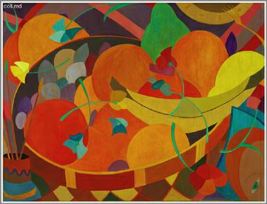 oranges, banane, citon, poire, fleurs et pinceaux