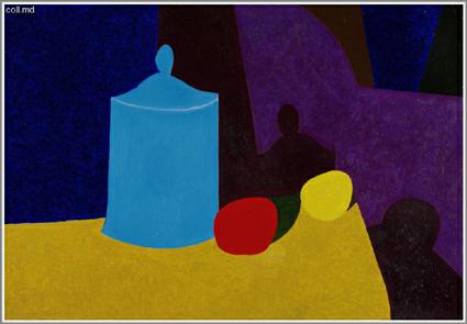 vase bleu, tomate et citron